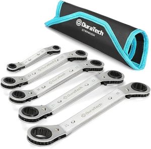 5 Pc Double Offset Box End Reversible Ratcheting Wrench Set Metric, Heavy-duty, Matte Chrome Plated, Ratchet Spanner Crooked for Narrow Spaces (6x8mm, 10x12mm, 13x14mm, 15x17mm, 19x21mm