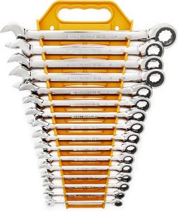 16 Pc. Ratcheting Combination Wrench Set with Tray, Metric - 9416 , Silver